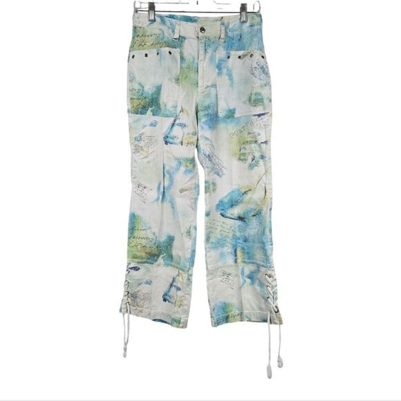 Chico's Linen Blend White Trouser Crop Pant Summer Fish Postcard Lace Up Bottom - Picture 12 of 12